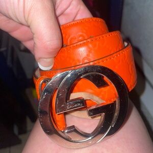 Gucci Bold Orange Leather Belt with Silver Buckle